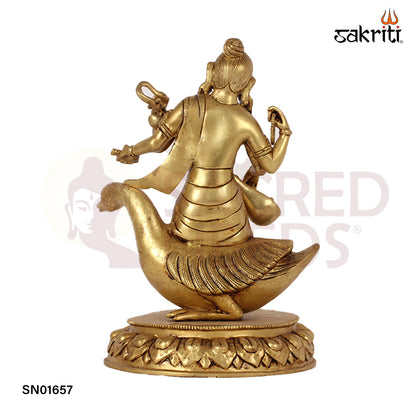 Brass Saraswathi with Swan – 13.7 Inch Goddess of Wisdom Idol with Swan