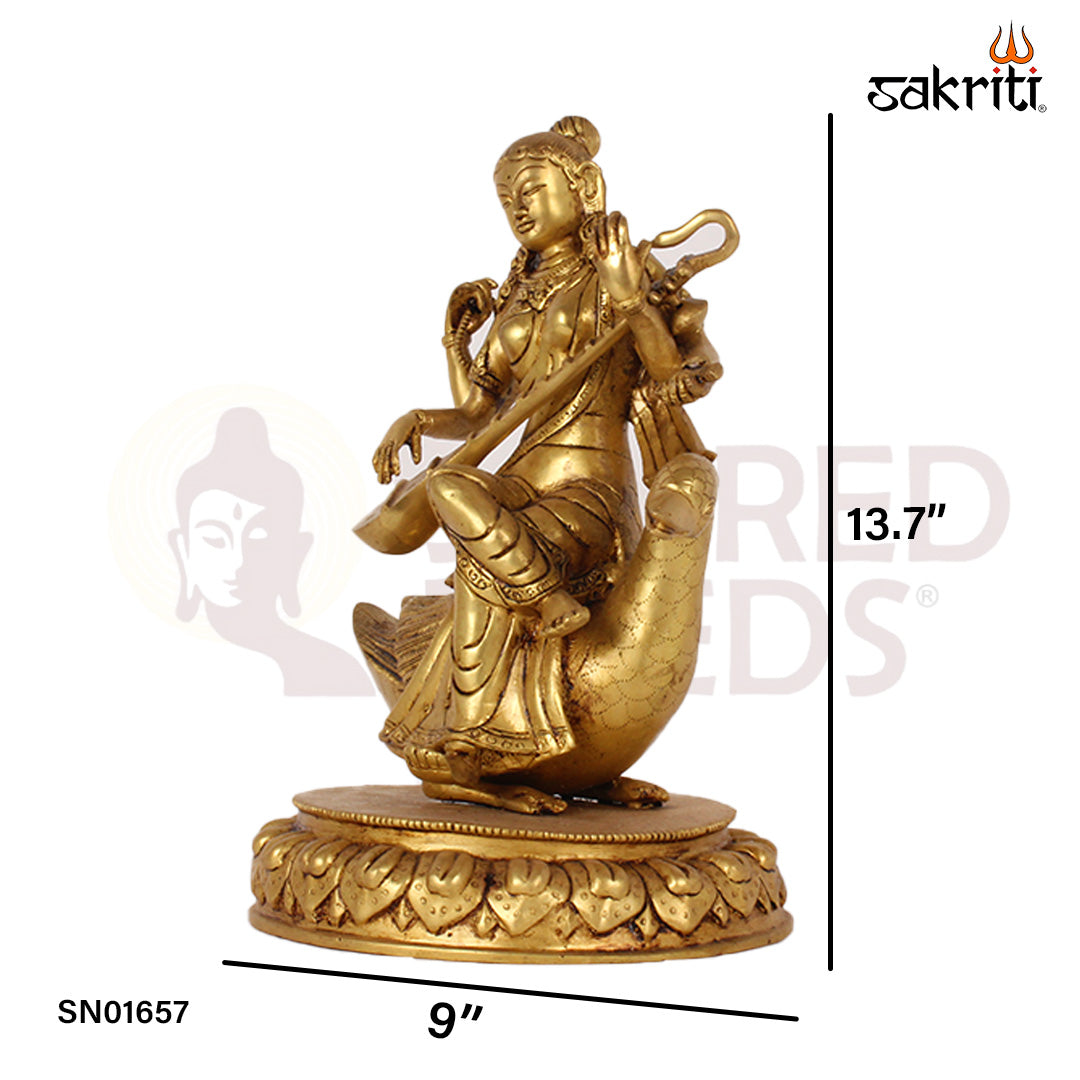 Brass Saraswathi with Swan – 13.7 Inch Goddess of Wisdom Idol with Swan