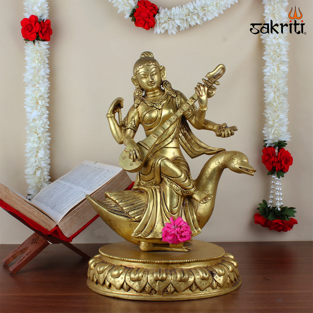 Brass Saraswathi with Swan – 13.7 Inch Goddess of Wisdom Idol with Swan