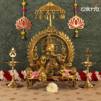 Chatri Ganesha with Simhasanam – 18 Inch Seated Ganesha with Canopy and Throne