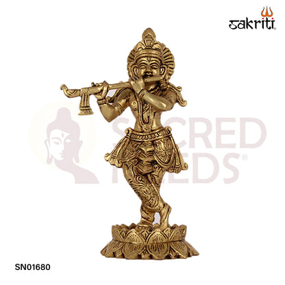 Standing Krishna with Lotus Base – 7.6 Inch Lord Krishna Idol with Flute for Decor