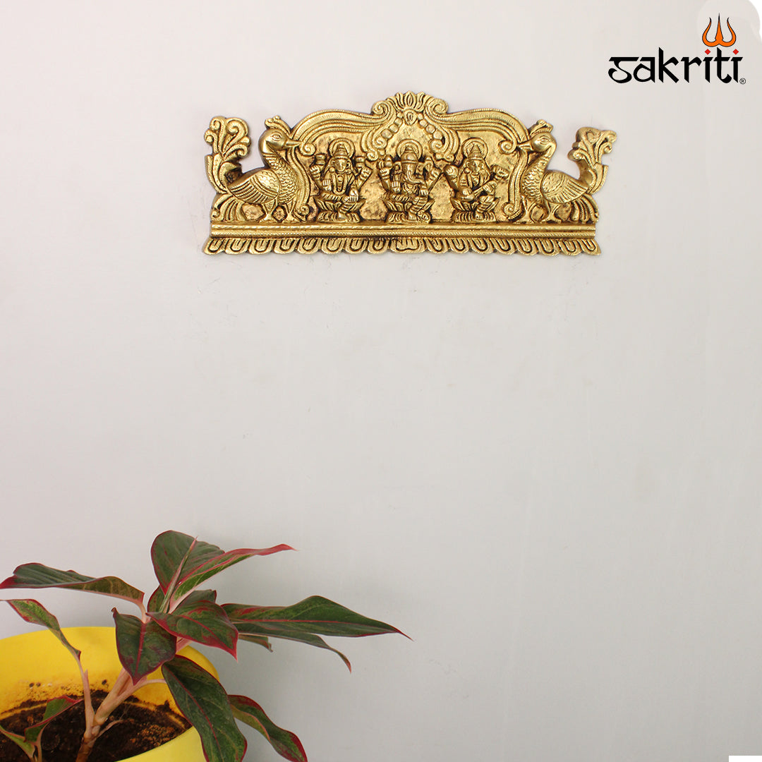 Brass Lakshmi Ganesh Saraswathi Wall Mounted Plate – 12.5 Inch length Lakshmi Ganesh Saraswati Hanging Plate for Auspicious Decor