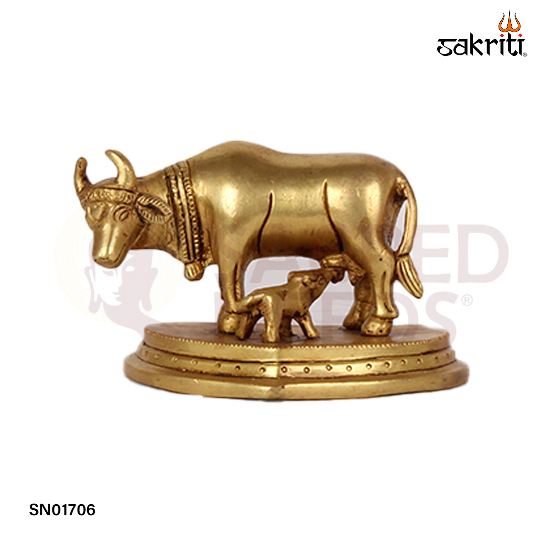 Brass Cow & Calf – 2.8 Inch Kamadhenu Figurine for Prosperity and Devotional Gift