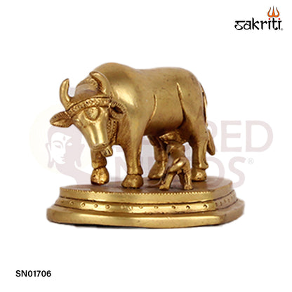 Brass Cow & Calf – 2.8 Inch Kamadhenu Figurine for Prosperity and Devotional Gift