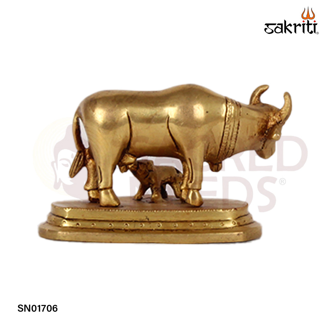 Brass Cow & Calf – 2.8 Inch Kamadhenu Figurine for Prosperity and Devotional Gift