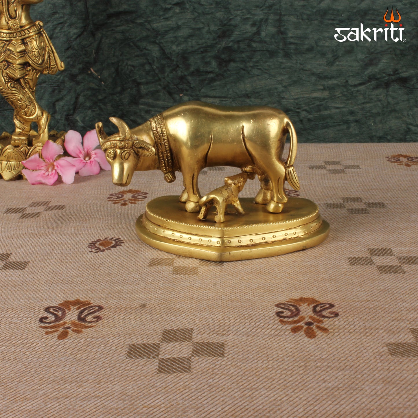 Brass Cow & Calf – 2.8 Inch Kamadhenu Figurine for Prosperity and Devotional Gift