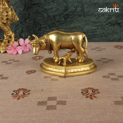 Brass Cow & Calf – 2.8 Inch Kamadhenu Figurine for Prosperity and Devotional Gift