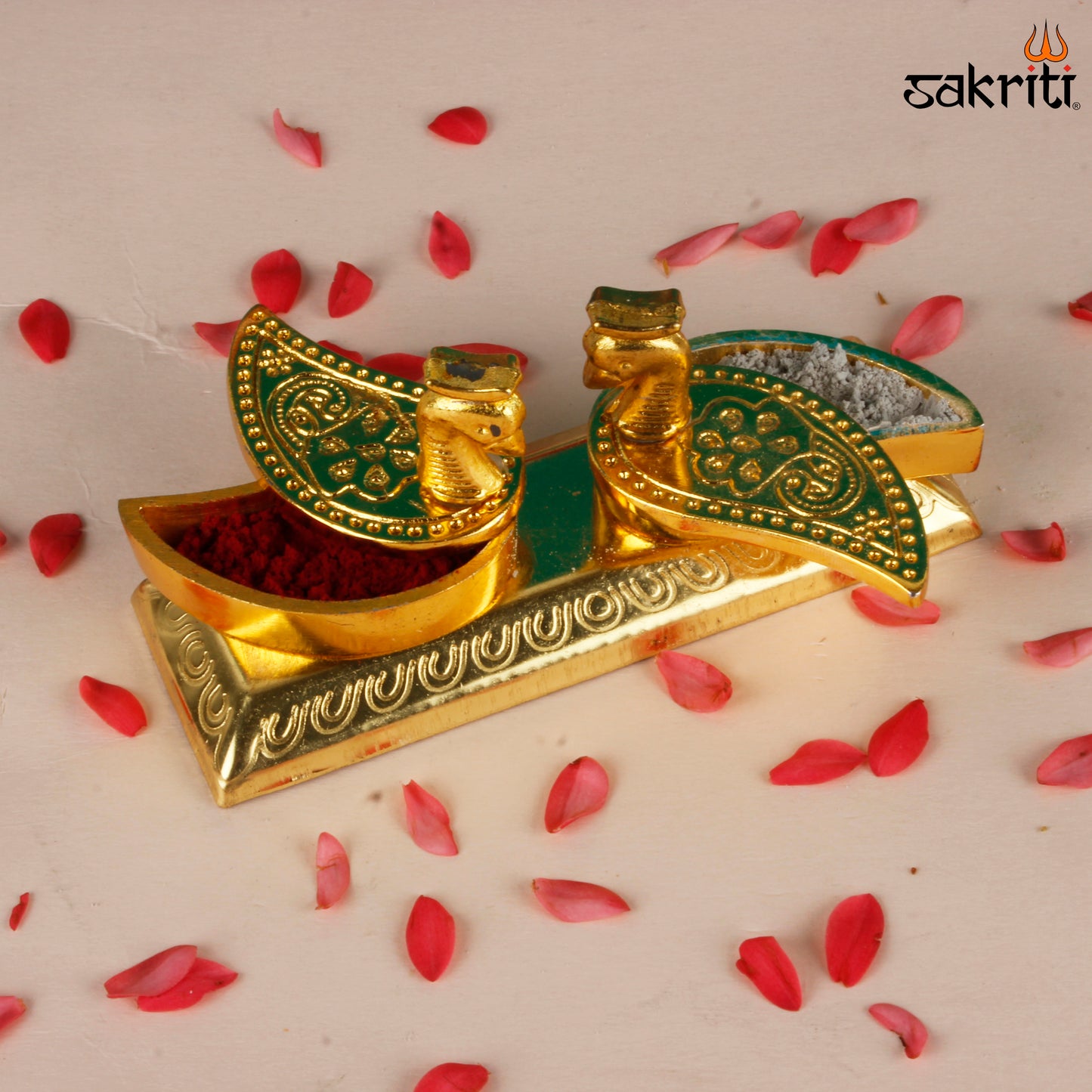 Zinc Double Peacock Round GP – 1.8 Inch Decorative Zinc Kumkum Holder with Peacock Design (Gold Polish)