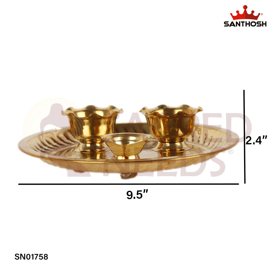 Brass Pooja Plate Set – 2.4 Inch Traditional Puja Plate with Accessories for Home Temple