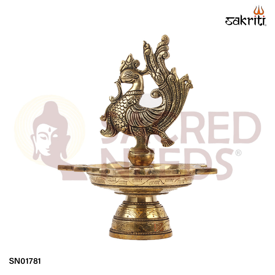 Brass 5 Mukh Annam Vilakku – 9.6 Inch Traditional Five-Spout Oil Lamp with Annam Bird Design