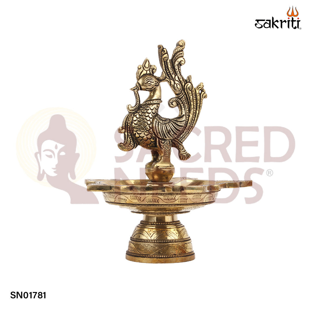 Brass 5 Mukh Annam Vilakku – 9.6 Inch Traditional Five-Spout Oil Lamp with Annam Bird Design