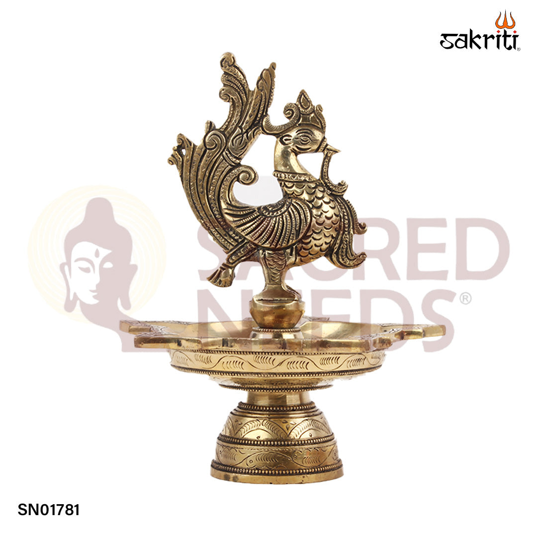 Brass 5 Mukh Annam Vilakku – 9.6 Inch Traditional Five-Spout Oil Lamp with Annam Bird Design