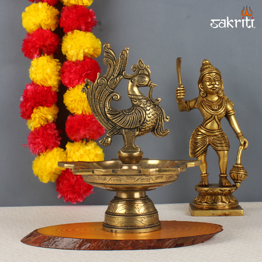 Brass 5 Mukh Annam Vilakku – 9.6 Inch Traditional Five-Spout Oil Lamp with Annam Bird Design