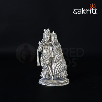 Brass Radha Krishna Idol – 4.2 Inch Height | Silver Polish | Miniature Decorative Statue for Car, Desk & Puja