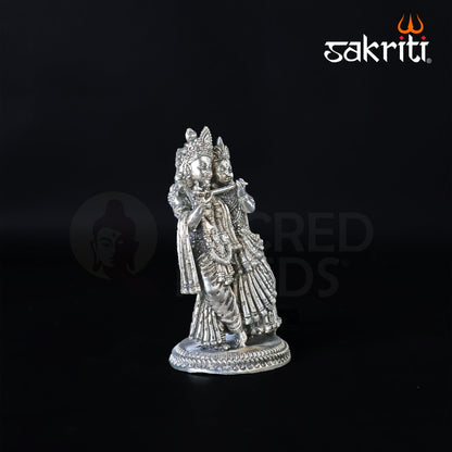 Brass Radha Krishna Idol – 4.2 Inch Height | Silver Polish | Miniature Decorative Statue for Car, Desk & Puja
