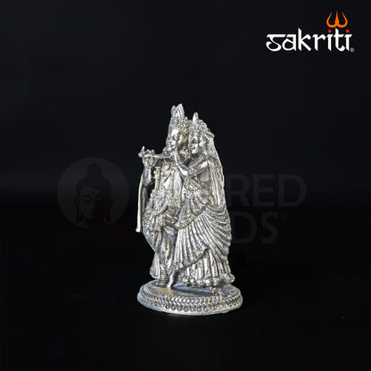 Brass Radha Krishna Idol – 4.2 Inch Height | Silver Polish | Miniature Decorative Statue for Car, Desk & Puja