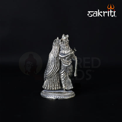 Brass Radha Krishna Idol – 4.2 Inch Height | Silver Polish | Miniature Decorative Statue for Car, Desk & Puja