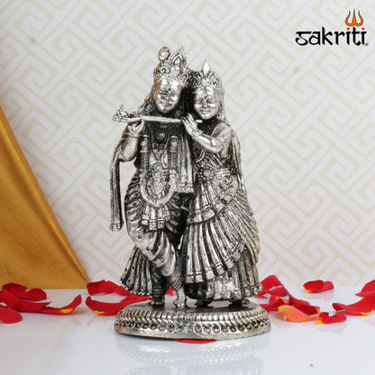 Brass Radha Krishna Idol – 4.2 Inch Height | Silver Polish | Miniature Decorative Statue for Car, Desk & Puja