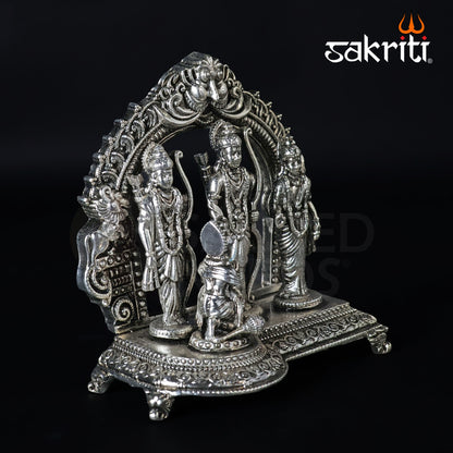 Brass Ram Darbar Idol – 4.3 Inch Height | Silver Polish | Ram Sita Lakshman Hanuman Statue for Mandir & Gifting