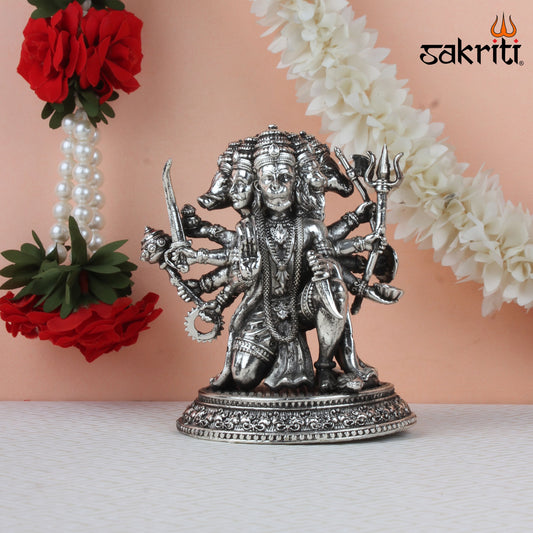 Brass Panchamukhi Hanuman Idol – 5.2 Inch Height | Silver Polish | Multi-Faced Hanuman Statue for Protection & Worship