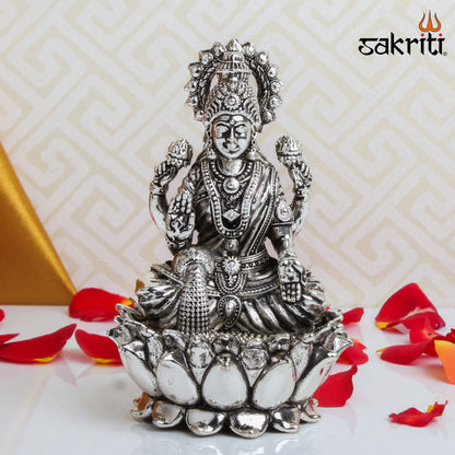 Brass Lakshmi Idol – 3.3 Inch Height | Silver Polish | Goddess of Wealth Statue for Pooja, Temple & Diwali Gifts