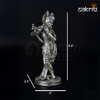 Brass Standing Krishna Idol – 5.3 Inch Height | Silver Polish | Flute Playing Krishna Statue for Home Pooja & Gifting
