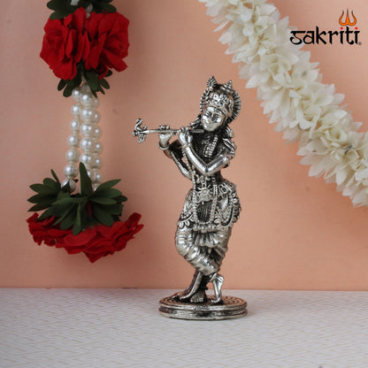 Brass Standing Krishna Idol – 5.3 Inch Height | Silver Polish | Flute Playing Krishna Statue for Home Pooja & Gifting