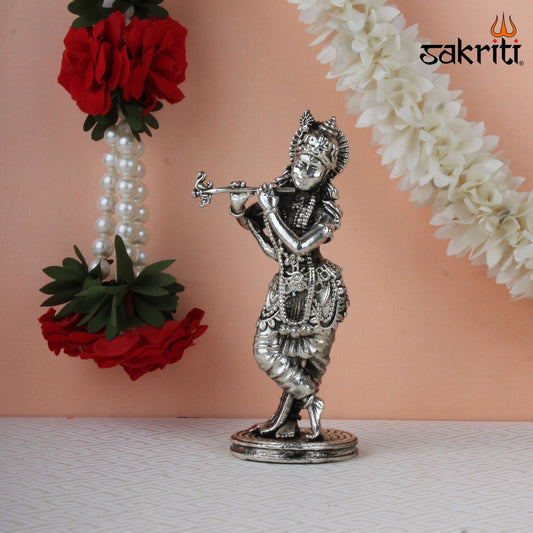 Brass Standing Krishna Idol – 5.3 Inch Height | Silver Polish | Flute Playing Krishna Statue for Home Pooja & Gifting