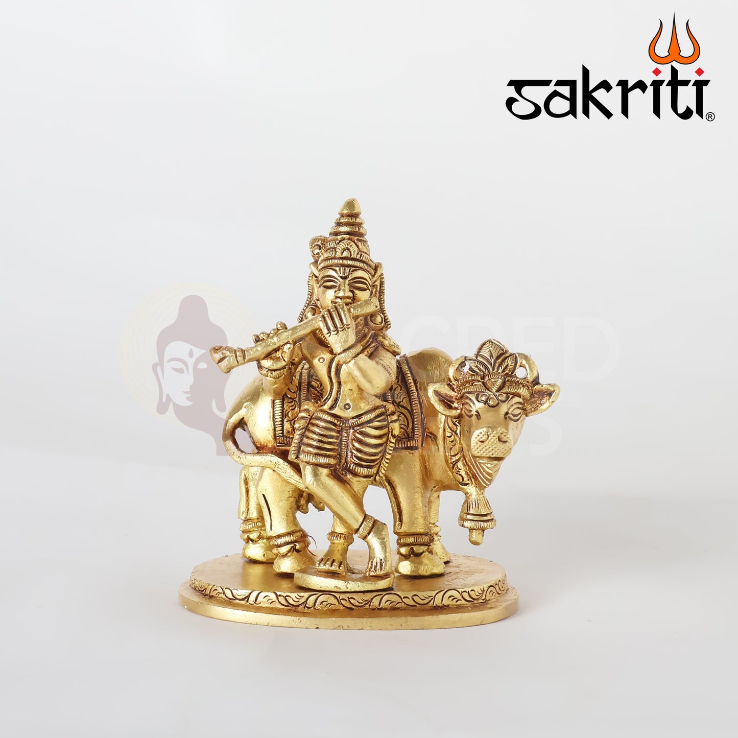 Brass Cow Krishna Idol – 3.8 Inch Height | Silver Polish | Govardhan Gopal with Cow for Bhakti Decor & Worship