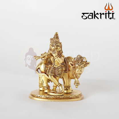Brass Cow Krishna Idol – 3.8 Inch Height | Silver Polish | Govardhan Gopal with Cow for Bhakti Decor & Worship