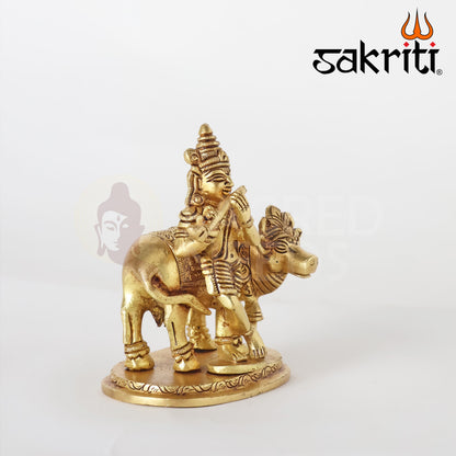 Brass Cow Krishna Idol – 3.8 Inch Height | Silver Polish | Govardhan Gopal with Cow for Bhakti Decor & Worship