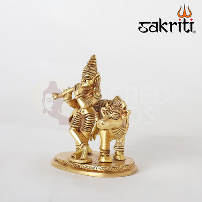 Brass Cow Krishna Idol – 3.8 Inch Height | Silver Polish | Govardhan Gopal with Cow for Bhakti Decor & Worship