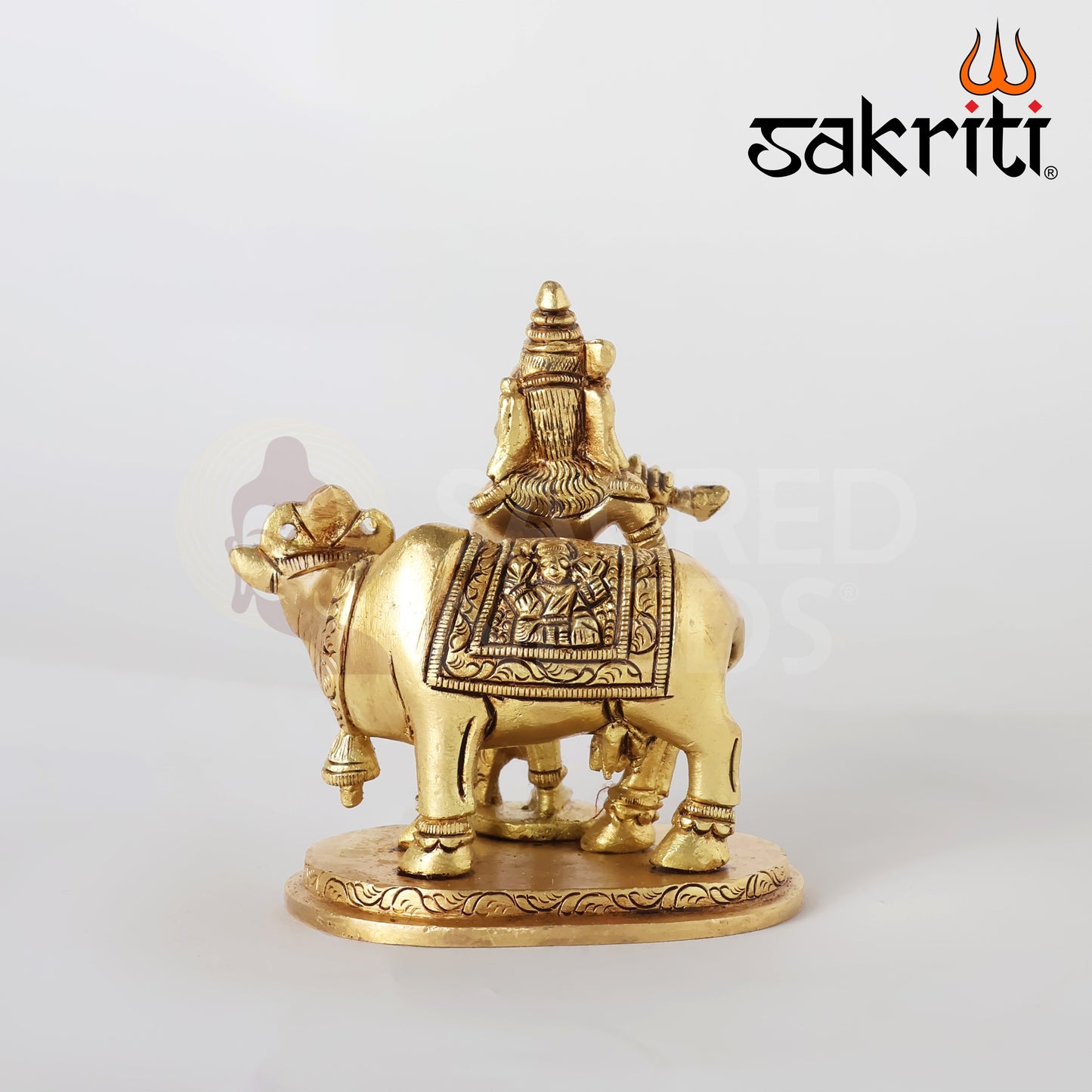 Brass Cow Krishna Idol – 3.8 Inch Height | Silver Polish | Govardhan Gopal with Cow for Bhakti Decor & Worship