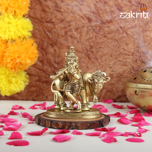 Brass Cow Krishna Idol – 3.8 Inch Height | Silver Polish | Govardhan Gopal with Cow for Bhakti Decor & Worship