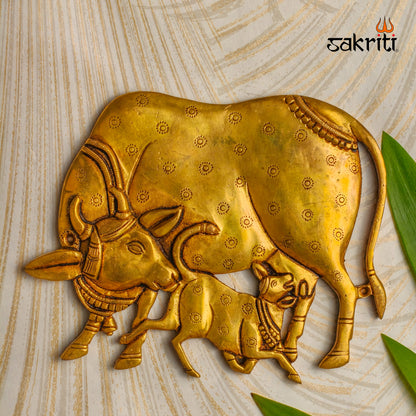 Sacred Needs Brass Cow & Calf Wall Mount – 6.2 Inch Height (7.6 Inch Length) | Auspicious Wall Hanging for Pooja Room, Temple & Home Décor
