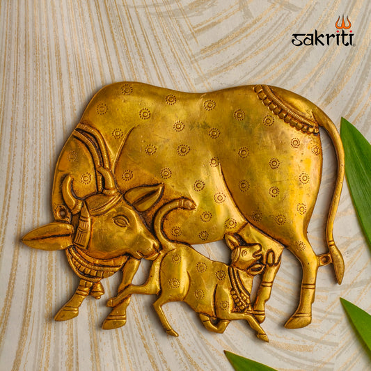 Sacred Needs Brass Cow & Calf Wall Mount – 6.2 Inch Height (7.6 Inch Length) | Auspicious Wall Hanging for Pooja Room, Temple & Home Décor