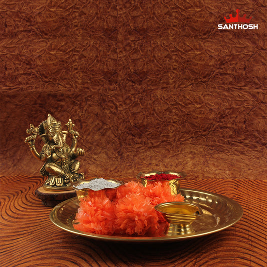 Brass Pooja Plate Set – 2.4 Inch Traditional Puja Plate with Accessories for Home Temple