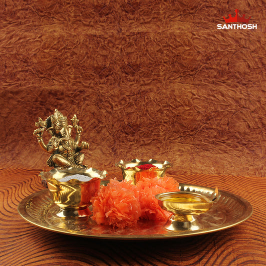 Brass Pooja Plate Set – 2.8 Inch Devotional Thali Set for Offering and Prayer