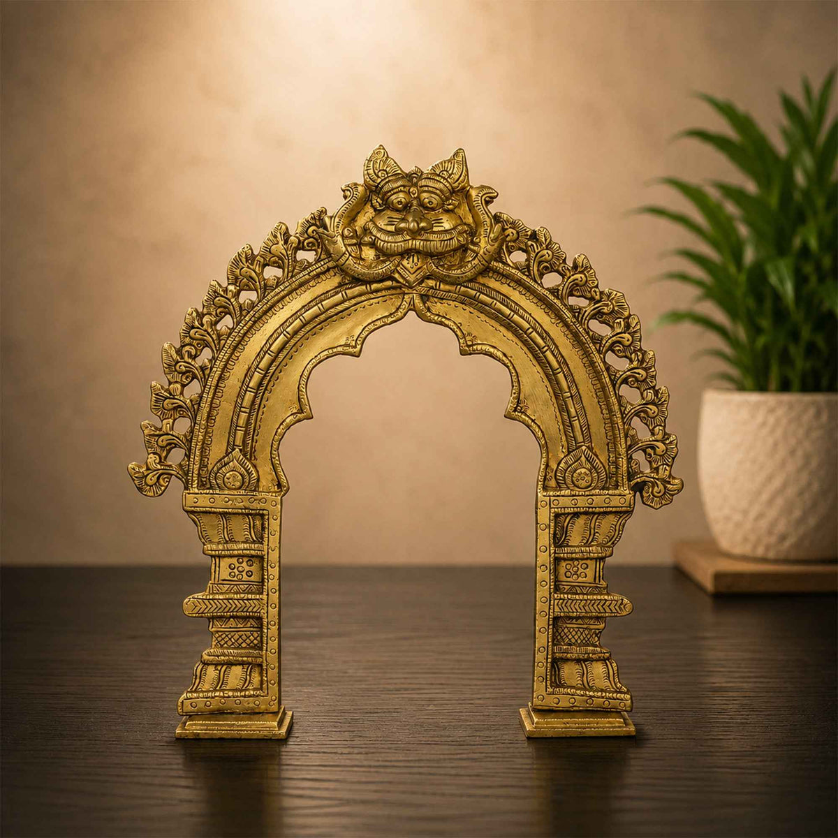Brass Thiruvachi Decorative Arch with Yellow Antique Finish – 14.5 Inch Frame for Traditional Pooja Displays