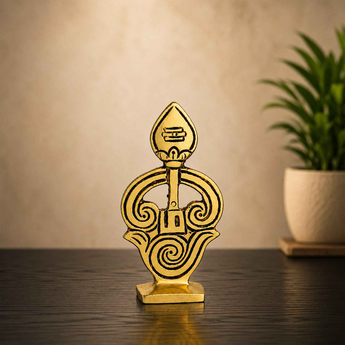 Brass Om Symbol Stand with Yellow Antique Finish – 3.4 Inch Devotional Accent for Home Temple and Pooja
