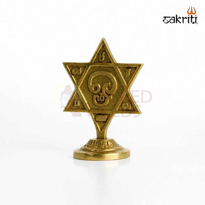 Brass Star Om Symbol Stand with Yellow Antique Finish – 3.5 Inch Decorative Accent for Home Pooja