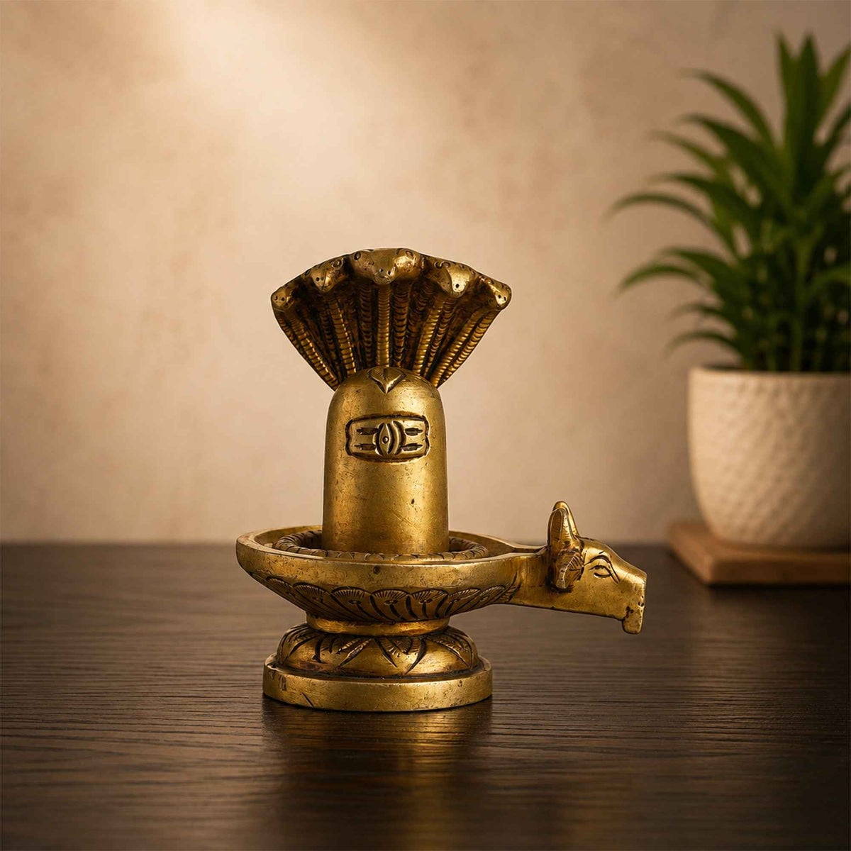 Brass Lingam with Snake and Yellow Antique Finish – 3.7 Inch Traditional Devotional Idol for Home Pooja