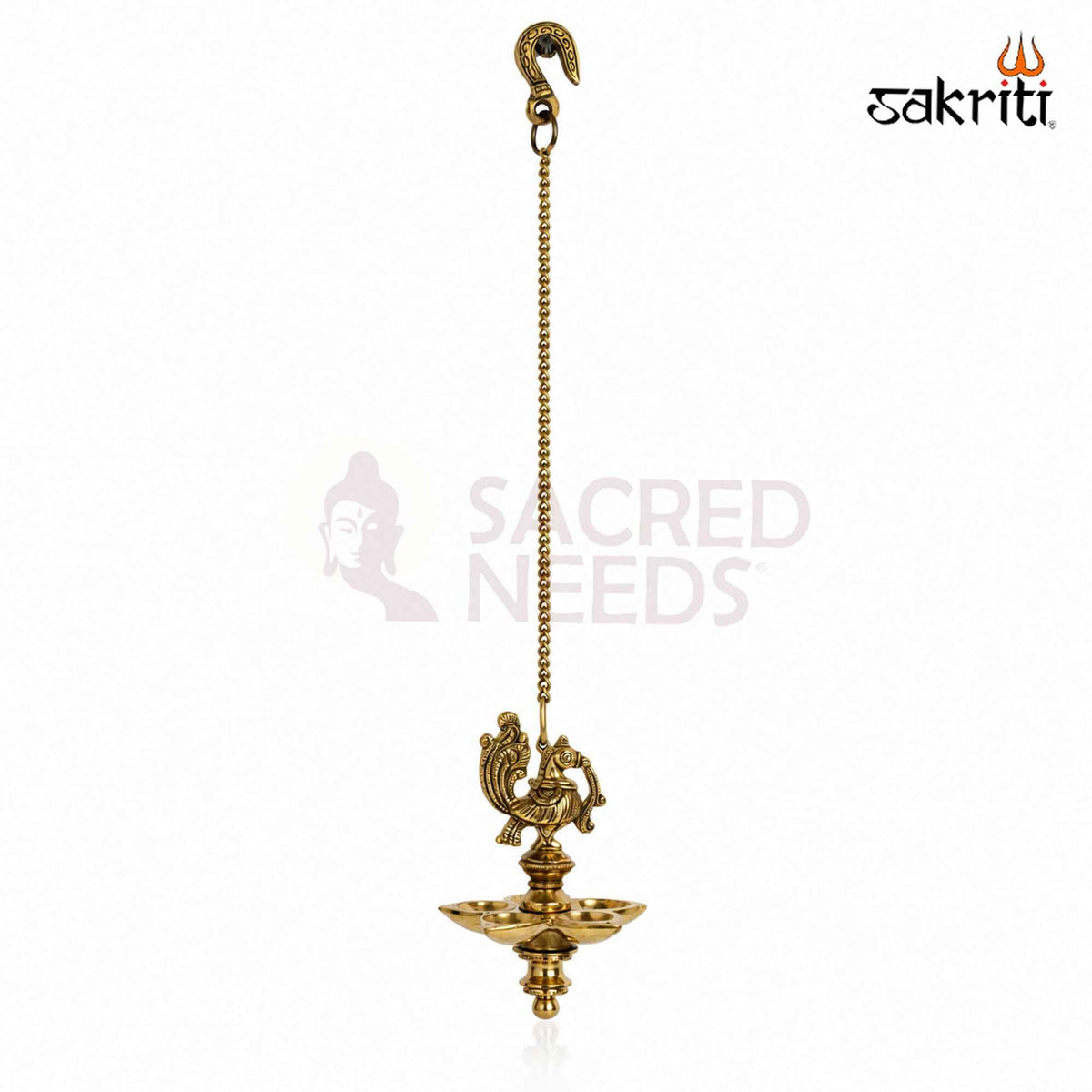 Brass Annam Five-Wick Hanging Vilakku with Yellow Antique Finish – 20 Inch Traditional Pooja Lamp