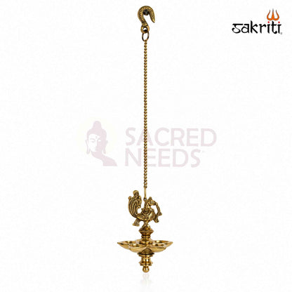 Brass Annam Five-Wick Hanging Vilakku with Yellow Antique Finish – 20 Inch Traditional Pooja Lamp