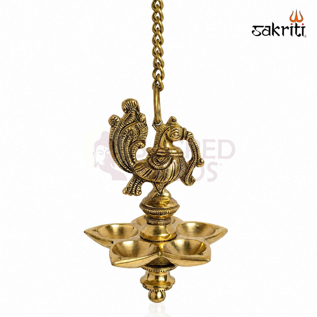 Brass Annam Five-Wick Hanging Vilakku with Yellow Antique Finish – 20 Inch Traditional Pooja Lamp