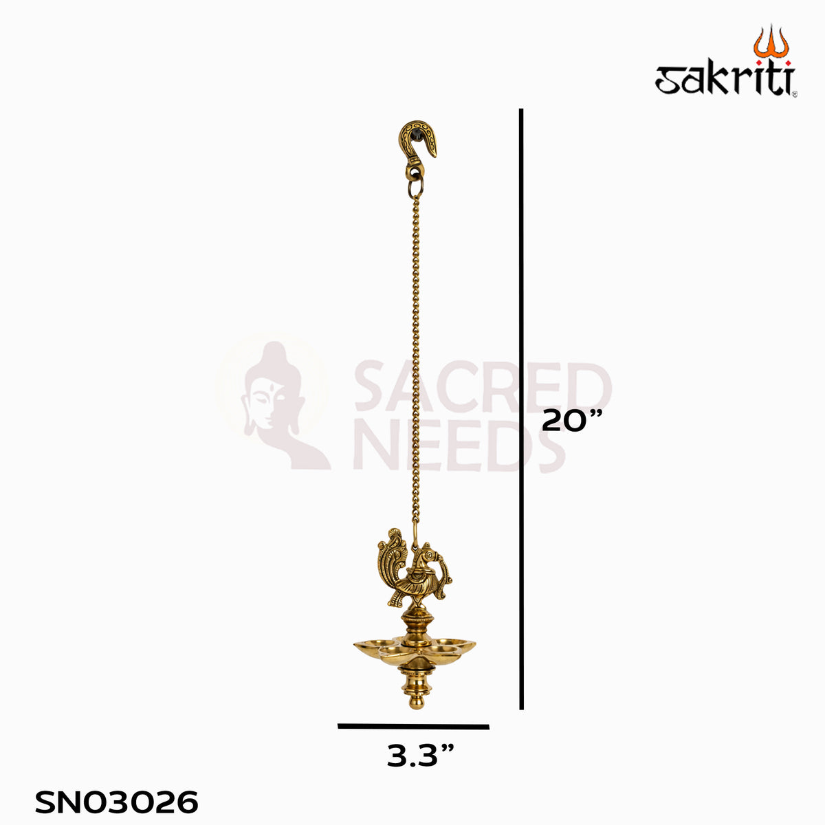 Brass Annam Five-Wick Hanging Vilakku in yellow antique finish — dimensions