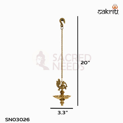 Brass Annam Five-Wick Hanging Vilakku in yellow antique finish — dimensions