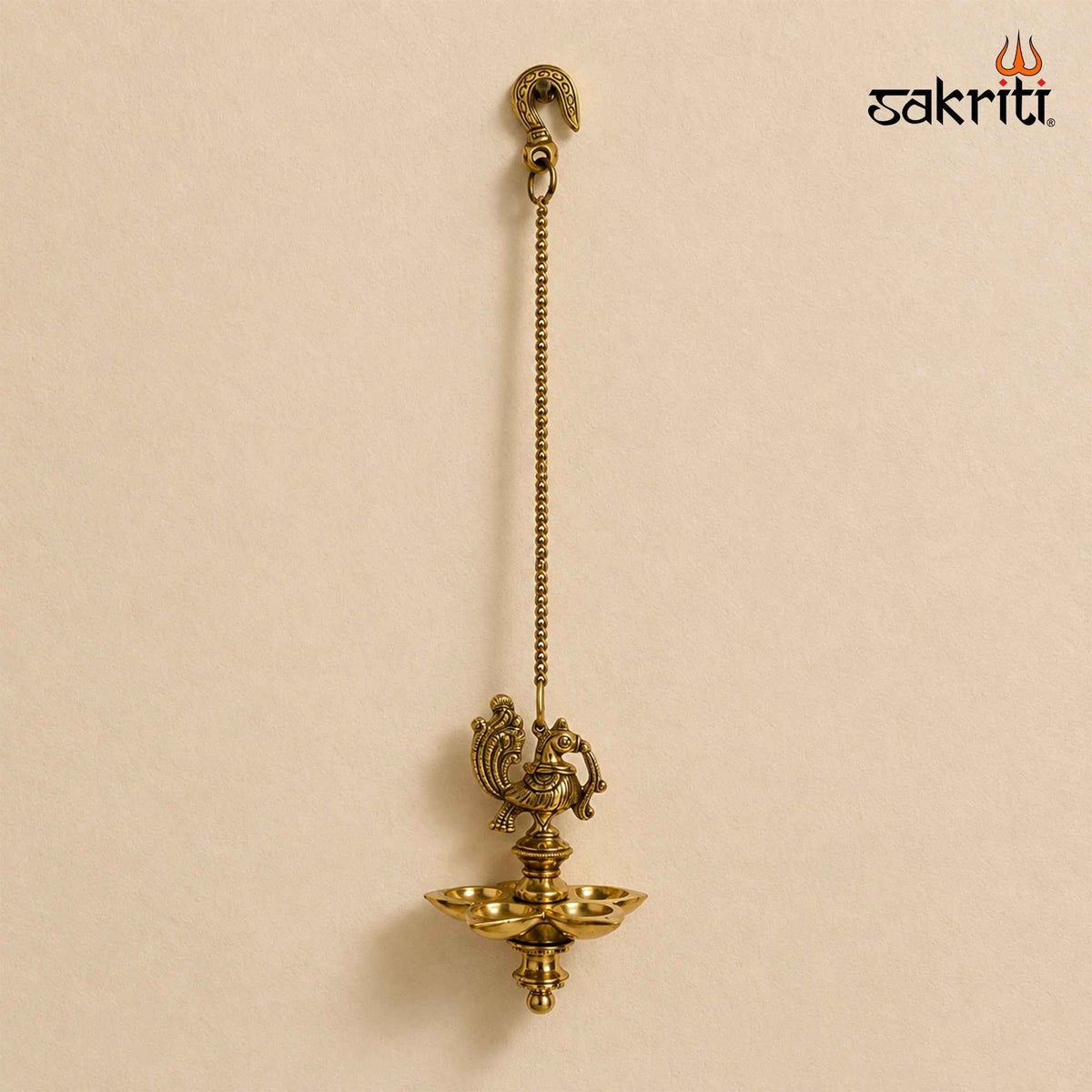 Brass Annam Five-Wick Hanging Vilakku with Yellow Antique Finish – 20 Inch Traditional Pooja Lamp