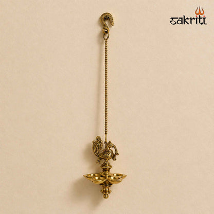 Brass Annam Five-Wick Hanging Vilakku with Yellow Antique Finish – 20 Inch Traditional Pooja Lamp