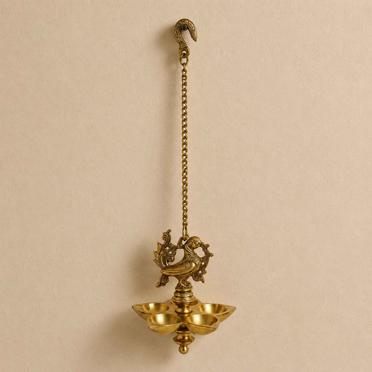 Brass Annam Five-Wick Hanging Vilakku with Yellow Antique Finish – 18.5 Inch Traditional Pooja Lamp